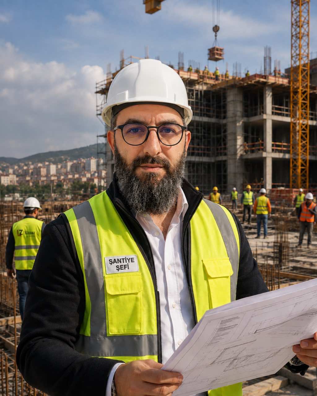 Lizaz founder Abdulbaki Yetiş reviewing a project plan on a Kocaeli construction site